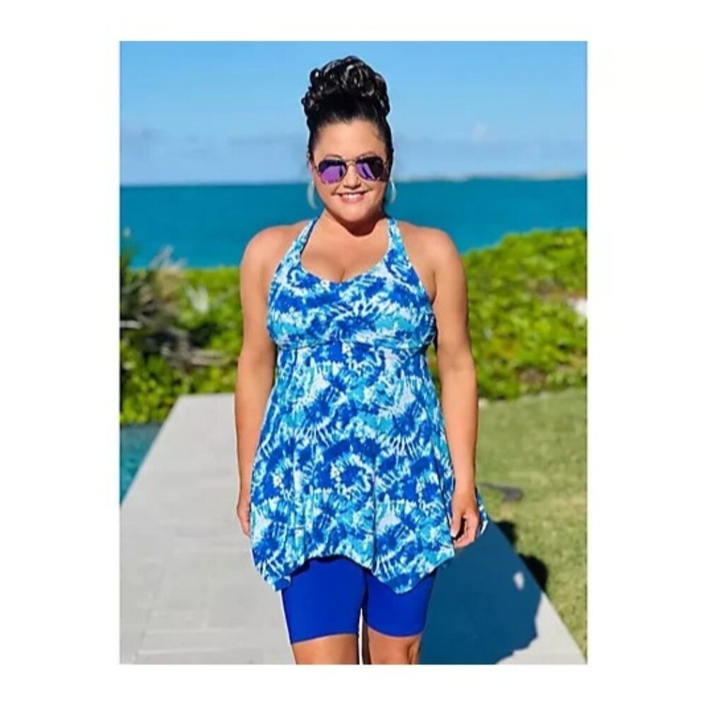 Kim Gravel x Swimsuits For All Braid Top & Short Set Blue Tie Dye Reg 16 A567722